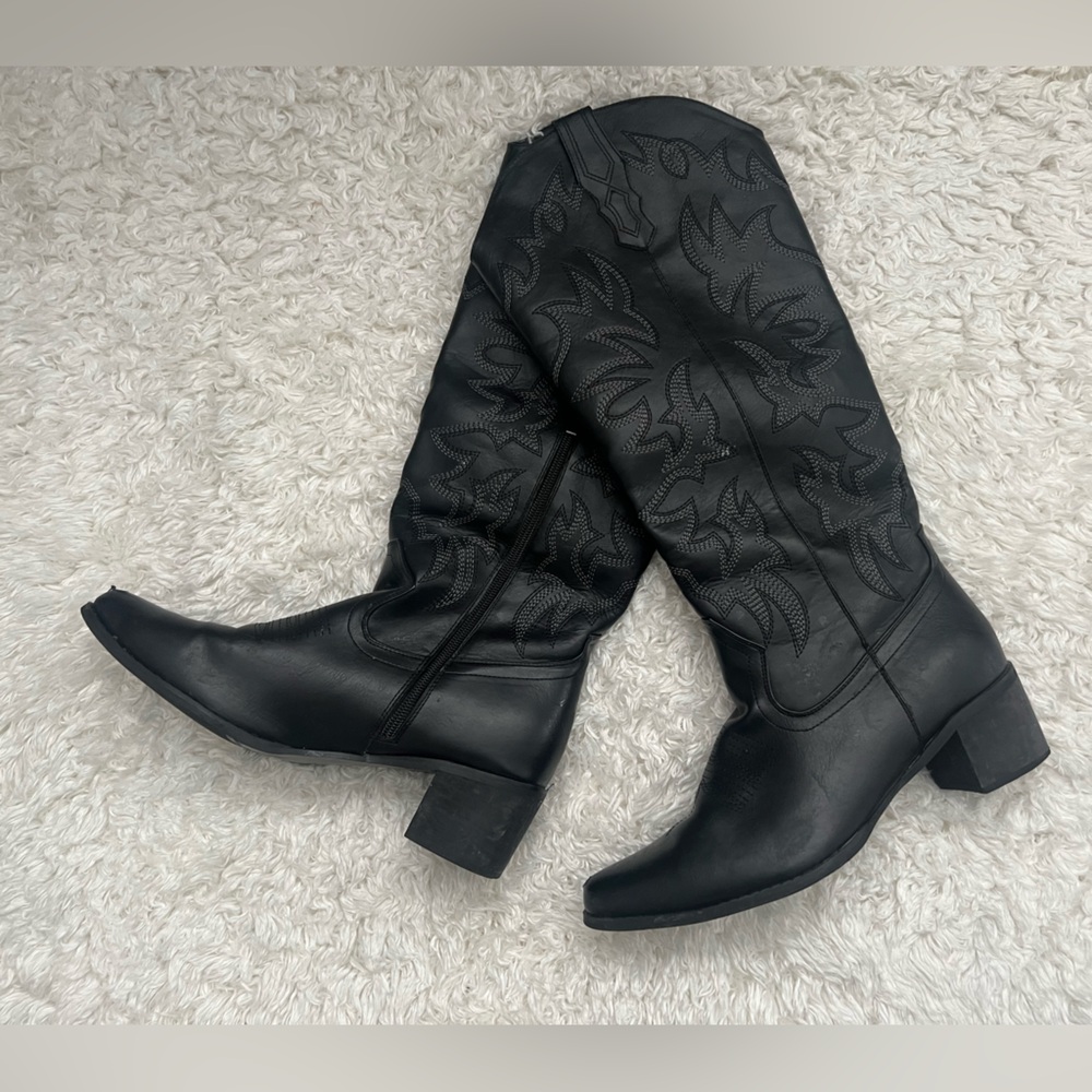 Black Western Embroidered Knee High Cowboy Boots Pointed Toe Festival Boots